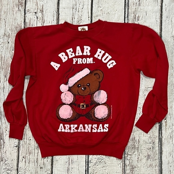 Vintage 80s A Bear Hug From Arkansas Xmas Ugly Sweater Party Sweatshirt - Picture 1 of 5